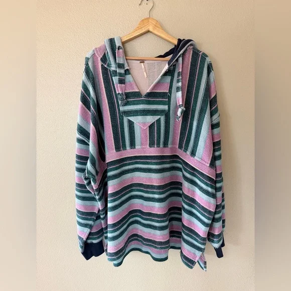 Free People Baja Sweatshirt Oversized V Neck Striped Printed Hoodie Tunic Top S - Picture 5 of 15